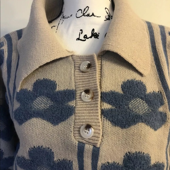 Knit sweater floral dark khaki collar womens top - Picture 7 of 10